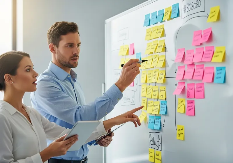 Diagnostic gratuit Jump Online — analyse des processus métier en Valais Phase 1 Analyse — consultants Jump Online cartographiant les processus métier d'une PME valaisanne sur un tableau blanc avec post-its à Sion, Valais