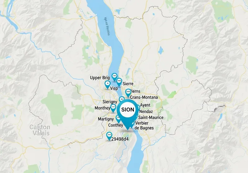 Service area — Jump Online Valais Map of Valais with Jump Online offices and service areas — Sion and region