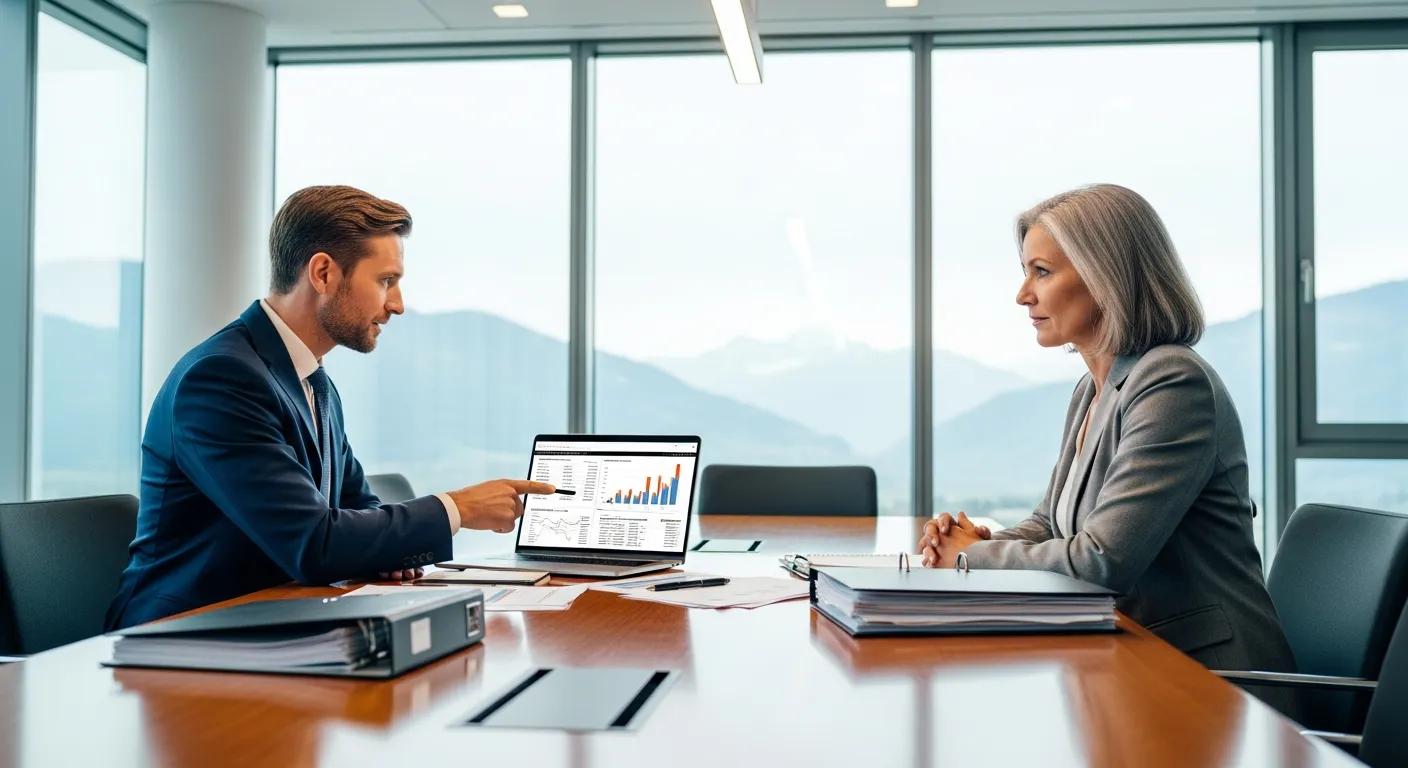Analyse et conseil IT — Jump Online Valais Consultant IT en réunion avec un dirigeant de PME dans un bureau moderne à Sion — audit informatique par Jump Online