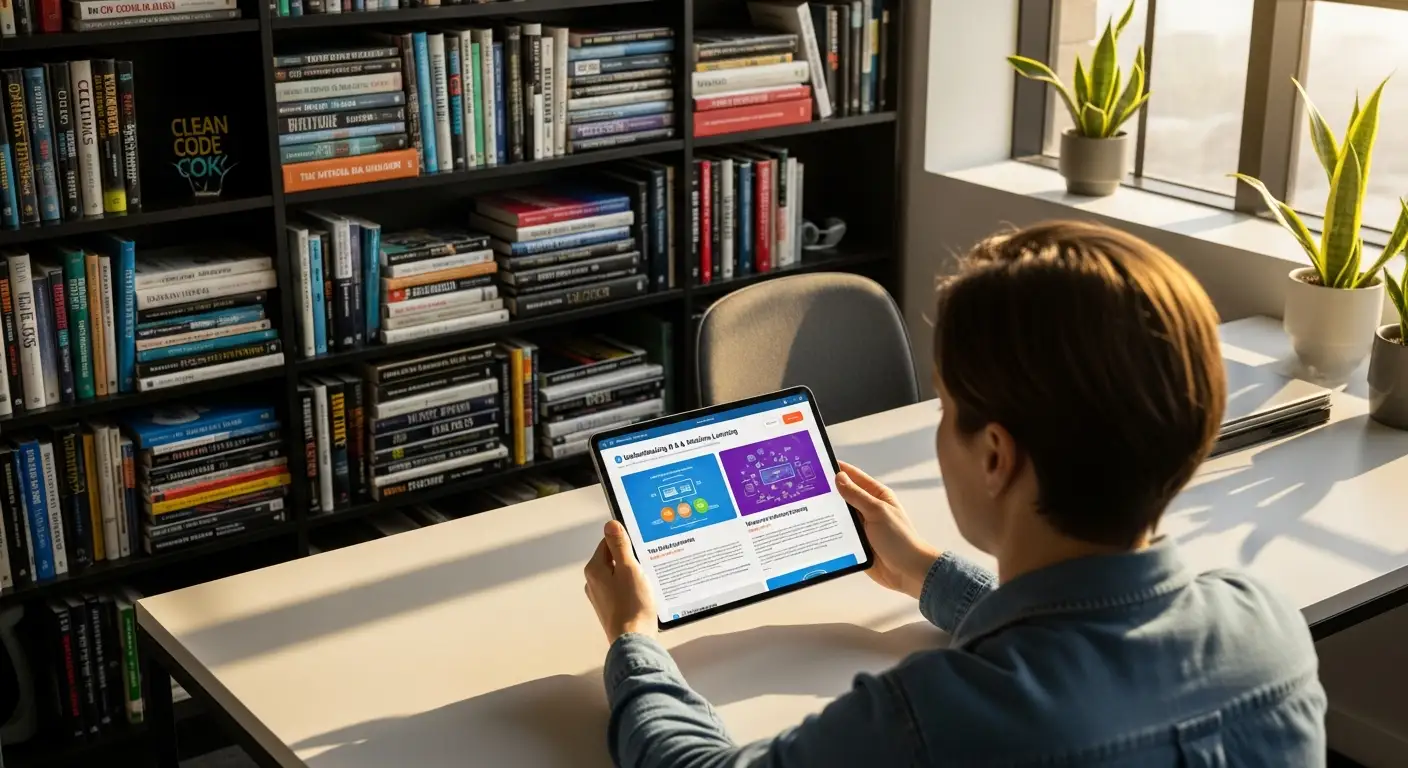 Comprendre l'IT — Jump Online Sion Personne consultant un guide numérique sur tablette — comprendre l'IT pour les PME en Valais avec Jump Online Sion