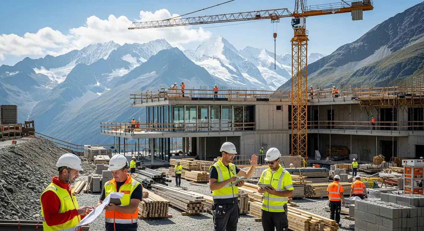 IT pour la construction en Valais — Jump Online Sion Chantier en Valais avec ouvriers utilisant tablettes et plans numériques — IT construction par Jump Online Sion