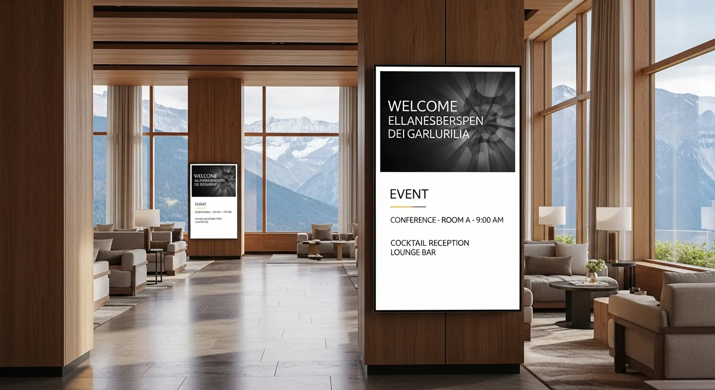 Affichage dynamique — Jump Online Sion Écrans d'affichage dynamique dans le lobby d'un hôtel suisse — Digital Signage en Valais par Jump Online Sion