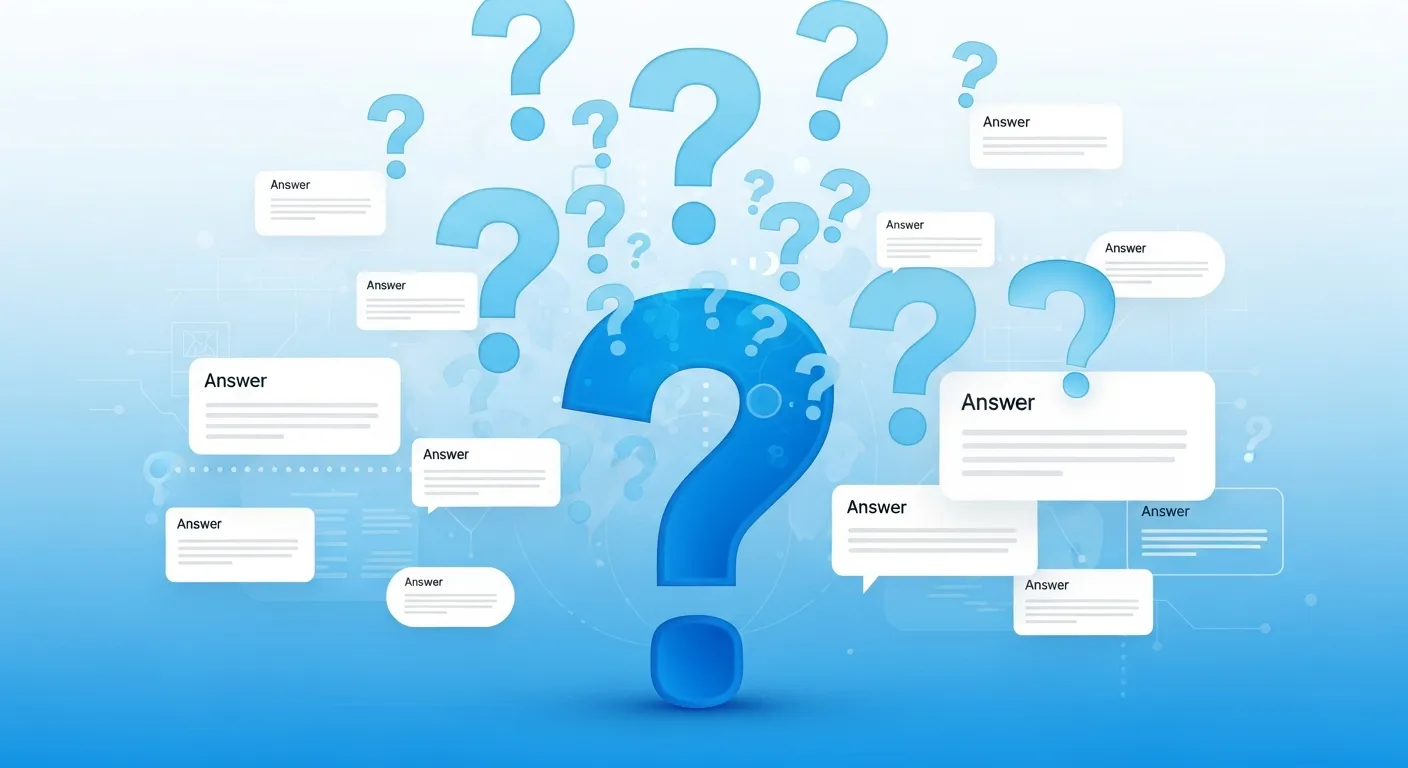 FAQ — Jump Online Sion Base de connaissances FAQ avec bulles de questions et cartes de réponses — aide IT pour PME en Valais par Jump Online Sion