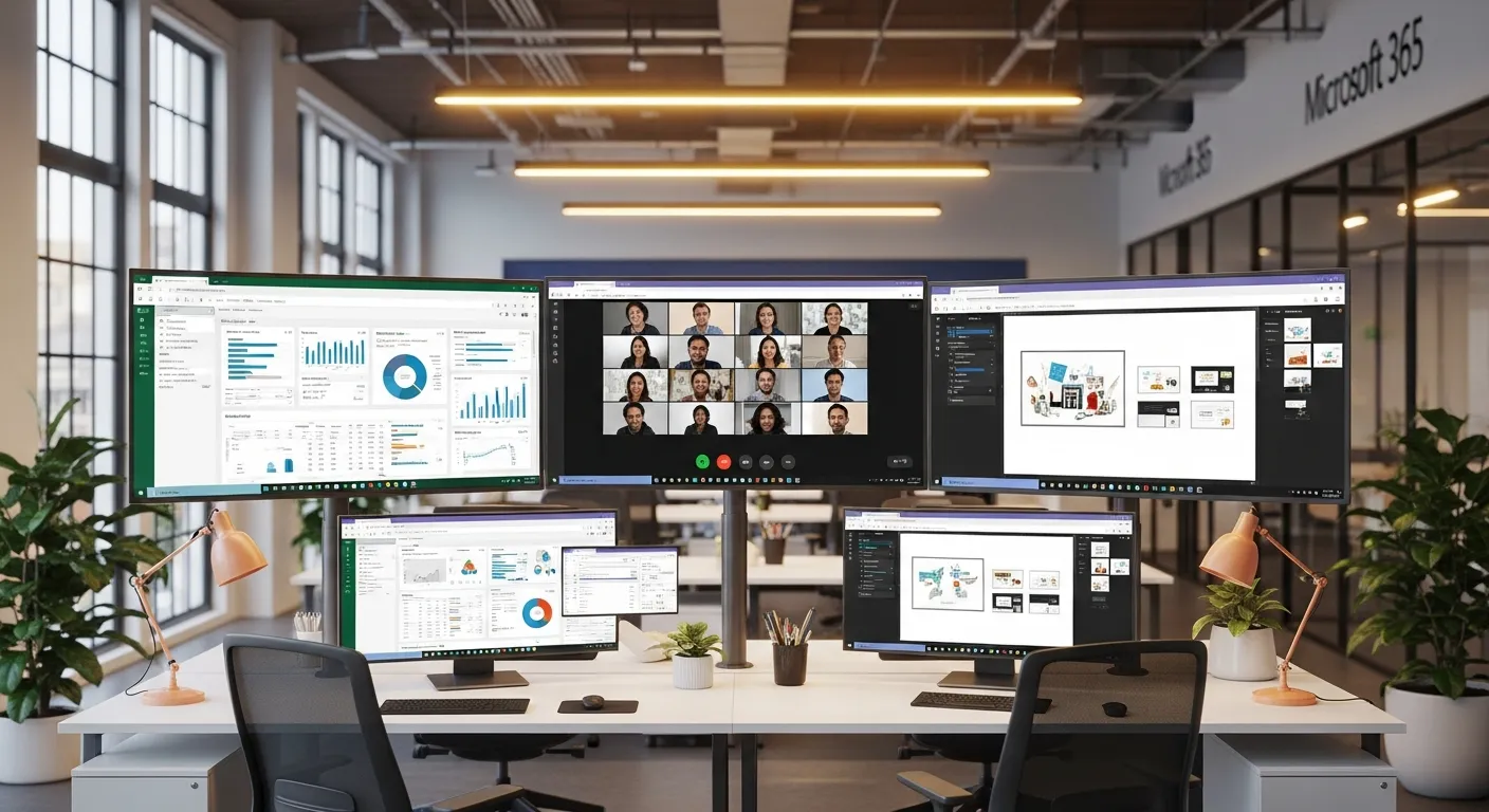 Configuration de sécurité Microsoft 365 — Jump Online Sion Suite de productivité Microsoft 365 sur plusieurs écrans dans un bureau moderne en Valais — Jump Online Sion