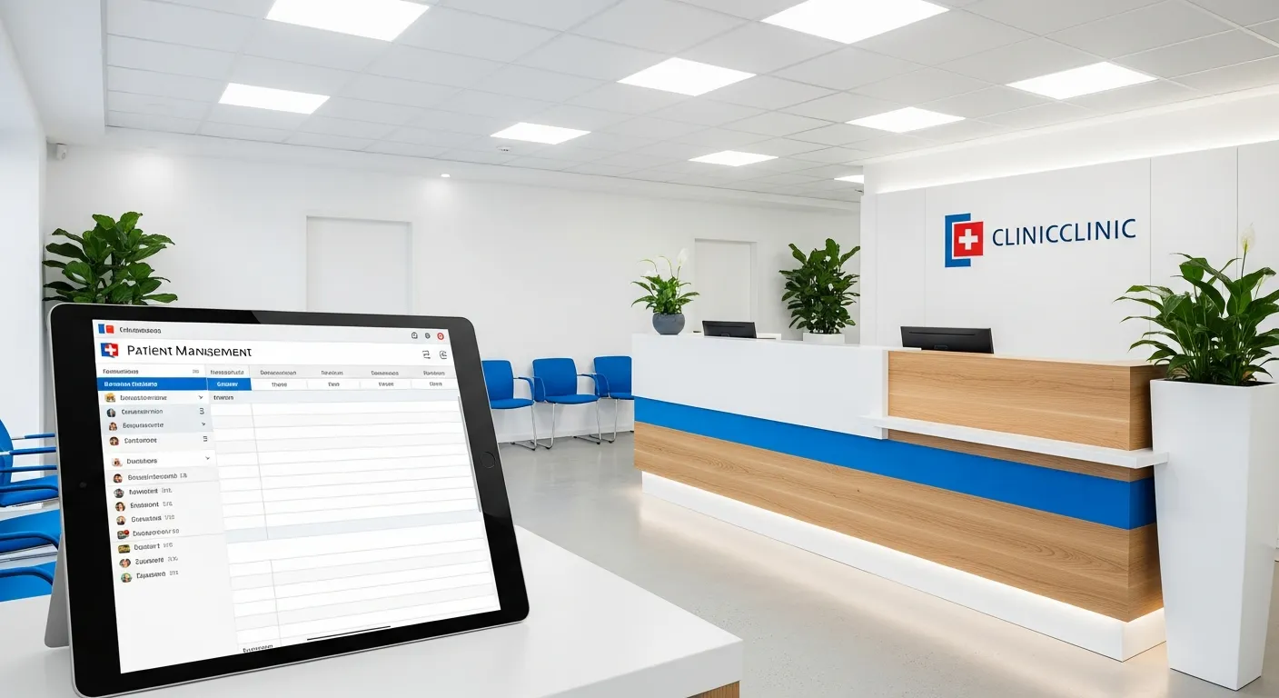 Sécurité IT médicale — Jump Online Sion Réception de clinique avec tablette de gestion patients — IT santé en Valais par Jump Online Sion